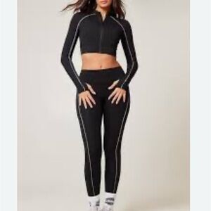 Black Active Zip-Up Jacket & Leggings with White Stitching